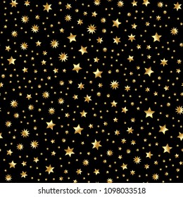 Seamless vector with abstract gold glitter star texture on black backdrop. Golden vintage background.