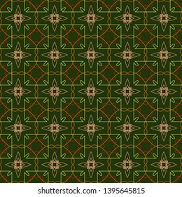 Seamless, vector, abstract, green ornament in Oriental style. Square grid on dark background