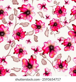 Seamless Vector Abstract Hand Drawing Brush Strokes Floral Digital Painting Watercolor Mix Red Flowers Brown Leaves Branches Upholstery Textile Pattern Isolated Background.