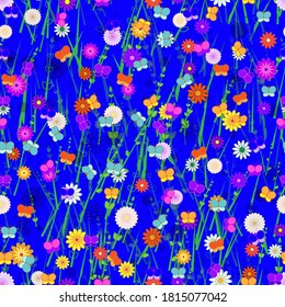 Seamless, Vector Abstract Image of Stylized Butterflies, Flowers and Grass On a Bright Blue Background. Application in Design and Textiles Possible