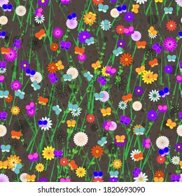 Seamless, Vector Abstract Image of Stylized Butterflies, Flowers and Grass On a Brown Background. Application in Design and Textiles Possible 