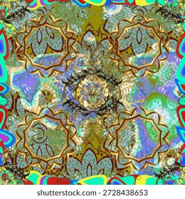 Seamless vector abstract mandala with golden ornamental lines and iridescent kaleidoscope colors. Vibrant decorative pattern for wallpaper, textile, wrapping and prints.