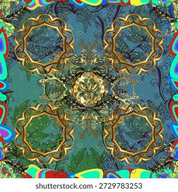 Mandala abstracto de Vector sin costuras con marcos ornamentales dorados y colores iridiscentes del caleidoscopio sobre fondo turquesa. Patrón decorativo vibrante para el Fondo de pantalla y la tela.