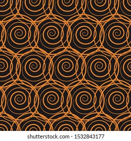 A seamless vector abstract netting pattern with bright orange circles on a dark background. Unisex surface print design. Great for wrapping paper, fabrics and packaging.