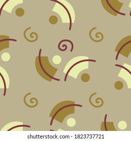 Seamless vector abstract pattern of arcs of different colors and yellow circles on a gray background