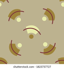 Seamless vector abstract pattern of arcs of different colors and yellow circles on a gray background