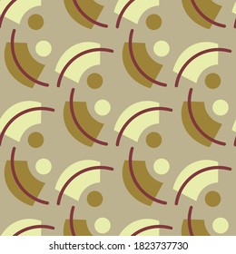 Seamless vector abstract pattern of arcs of different colors of yellow and mustard and circles on a gray background