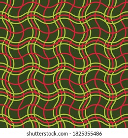 Seamless vector abstract pattern background. Red and green wavy lines on a dark green background. Great for decorating holiday designs, Christmas cards, wrapping paper, textiles, fabrics, prints, Web.
