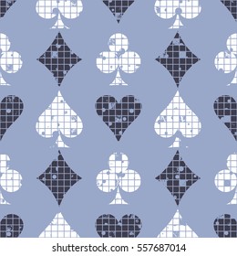 Seamless vector abstract pattern background with icons of playings cards Grunge texture with attrition, cracks and ambrosia. Old style design Graphic illustration. Series of Gaming, Gambling Patterns.