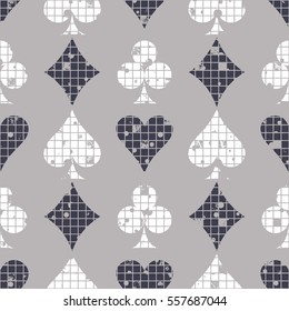 Seamless vector abstract pattern background with icons of playings cards Grunge texture with attrition, cracks and ambrosia. Old style design Graphic illustration. Series of Gaming, Gambling Patterns.