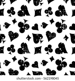Seamless vector abstract pattern background with icons of playings cards Grunge texture with attrition, cracks and ambrosia. Old style design Graphic illustration. Series of Gaming, Gambling Patterns.