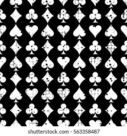 Seamless vector abstract pattern background with icons of playings cards Grunge texture with attrition, cracks and ambrosia. Old style design Graphic illustration. Series of Gaming, Gambling Patterns.