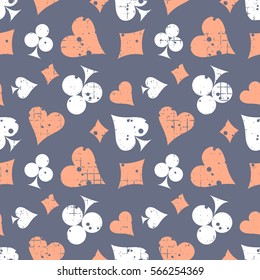 Seamless vector abstract pattern background with icons of playings cards Grunge texture with attrition, cracks and ambrosia. Old style design Graphic illustration. Series of Gaming, Gambling Patterns.