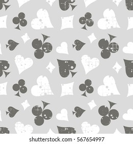 Seamless vector abstract pattern background with icons of playings cards Grunge texture with attrition, cracks and ambrosia. Old style design Graphic illustration. Series of Gaming, Gambling Patterns