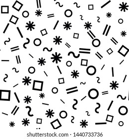 Seamless vector abstract pattern. Black and white chaotic memphis elements. Stylish geometrical background for fabric, textile, design, packaging design.