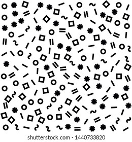 Seamless vector abstract pattern. Black and white chaotic memphis elements. Stylish geometrical background for fabric, textile, design, packaging design.