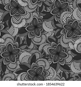 seamless vector abstract pattern with black outlines flowers and mesh in grey colors