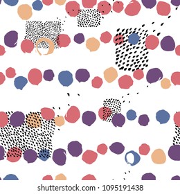 Seamless vector abstract pattern with brush strokes circles. Hand-painted texture. Color brushstrokes on a white background. For printing on different subjects. Modern Vintage Style. 