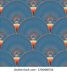 Seamless vector abstract pattern of colored shapes, fans, lines, chains and stripes on a grey blue color background. Design for fabric, wallpaper, scarves in art deco style.