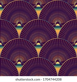Seamless vector abstract pattern of colored shapes, fans, lines, chains and stripes on a violet plum purple color background. Design for fabric, wallpaper, scarves in art deco style. 庫存向量圖