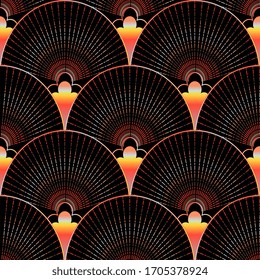 Seamless vector abstract pattern of colored shapes, fans, lines, chains and stripes on a black background. Design for fabric, wallpaper, scarves in art deco style.
