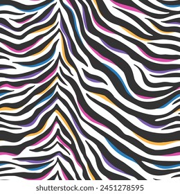 Seamless vector abstract pattern featuring a zebra print design with black and white stripes accented by pink, blue, yellow and black colors.