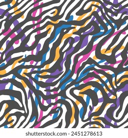 A seamless vector abstract pattern featuring a vibrant zebra print design in various colors on a white background
