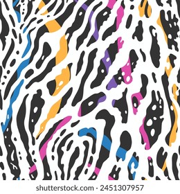 A seamless vector abstract pattern featuring a colorful zebra print design on a white background. Suitable for for apparel, textile, wallpaper, wrapping paper, etc