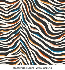 Seamless vector abstract pattern featuring a zebra print design with black and white stripes accented by orange, blue, and black colors