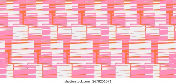 Seamless vector abstract pattern with geometric rectangles and textured lines in bright pink, orange, and white. Modern decorative background for fabric, wrapping, and design