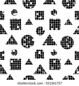 Seamless vector abstract pattern. geometric background with circles, squares, triangles. Grunge texture with attrition, cracks and ambrosia. Old style vintage design. Graphic illustration