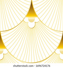 Seamless vector abstract pattern of golden shapes, lines, chains and stripes on a white background. Design for fabric, wallpaper, scarfs.
