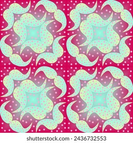 Seamless vector abstract pattern with gradient triangles and paisley polka dot swirls, contrast green red color scheme. Designed for all surfaces and printing.
