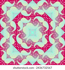 Seamless vector abstract pattern with gradient triangles and paisley polka dot swirls, contrast green red color scheme. Designed for all surfaces and printing.
