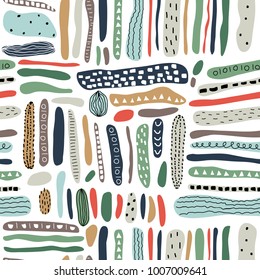 Seamless vector abstract pattern with hand drawn different colorful shapes and elements as background or texture