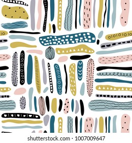 Seamless vector abstract pattern with hand drawn different colorful shapes and elements as background or texture