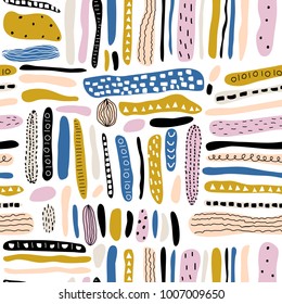 Seamless vector abstract pattern with hand drawn different colorful shapes and elements as background or texture