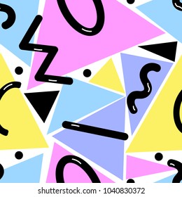 Seamless vector abstract pattern in memphis style. Chaotic colored triangles of different size patterns.