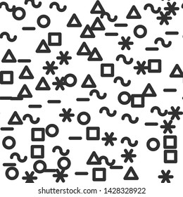 Seamless vector abstract pattern. Multicolor chaotic hand drawn memphis elements. Stylish geometrical background for fabric, textile, design, ceramic, banner.