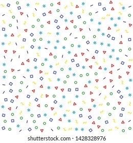 Seamless vector abstract pattern. Multicolor chaotic hand drawn memphis elements. Stylish geometrical background for fabric, textile, design, ceramic, banner.