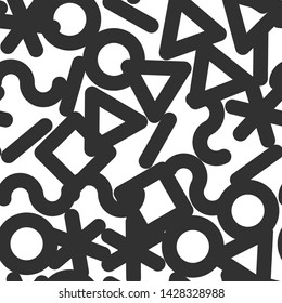 Seamless vector abstract pattern. Multicolor chaotic hand drawn memphis elements. Stylish geometrical background for fabric, textile, design, ceramic, banner.