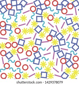 Seamless vector abstract pattern. Multicolor chaotic hand drawn memphis elements. Stylish geometric background for fabric, textile, design, ceramic, banner.