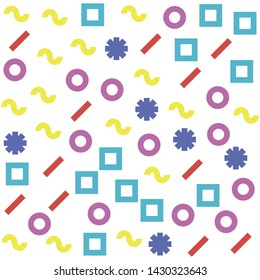 Seamless vector abstract pattern. Multicolor chaotic hand drawn memphis elements. Stylish geometric background for fabric, textile, design, ceramic.
