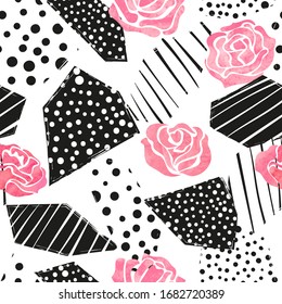 Seamless vector abstract pattern with pink roses. Trendy graphic design for textile, fabric.
