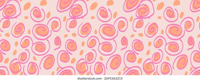 Seamless vector abstract pattern with playful pink and orange spirals and dots on a light background. Modern doodle design for fabric, wrapping, stationery, and decor