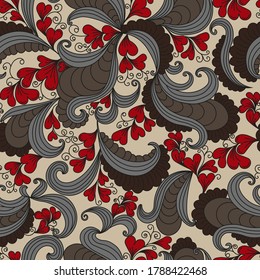 seamless vector abstract pattern with red flowers in the form of hearts and leaves with curls. ornamental background in floral style