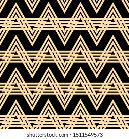 Seamless vector abstract pattern of repeating gold broken lines on a black background. Endless texture for textile design. Vector color backdrop.