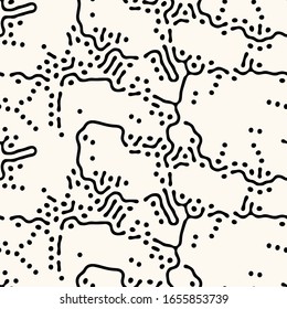 Seamless vector abstract pattern with rounded irregular compound lines and small circles, inspired by nature. Modern repeatable background in monochrome.