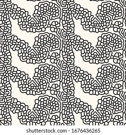 Seamless vector abstract pattern with rounded irregular compound lines and small circles, inspired by nature. Modern repeatable background in monochrome.