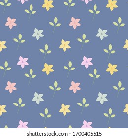 Seamless vector abstract pattern of small daylily flowers in different colors and leaves arranged randomly on a blue background. Made in the flat style, perfect for scrapbooking.